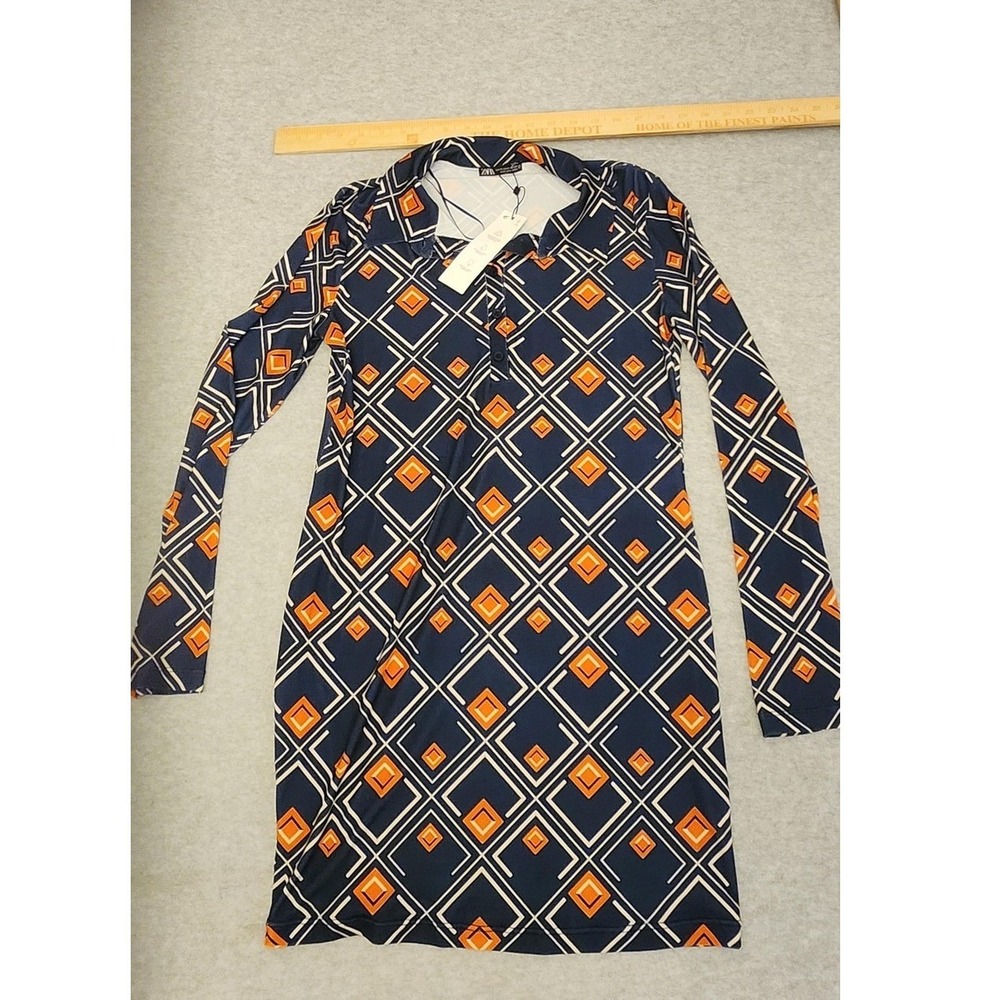 Zara Dress Womens Medium Navy Orange Geometric Polo Collar Long Sleeve Join Life